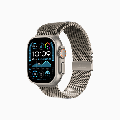 Apple Watch Ultra 2 with titanium Milanese bracelet, featuring advanced sports and adventure design in satin black.