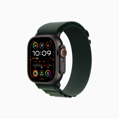 Apple Watch Ultra 2 with green Boucle Alpine band, featuring advanced fitness tracking and sleek black finish.