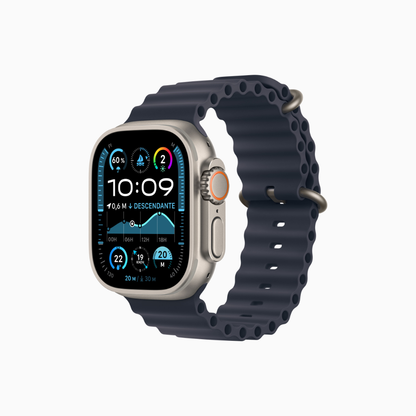 Apple Watch Ultra 2 with black Ocean band, featuring advanced sports metrics for running, cycling, and swimming activities.