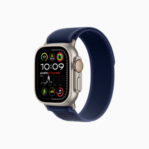 Apple Watch Ultra 2 with Boucle Trail band, showing fitness metrics on display, ultimate sport and adventure design in satin black.