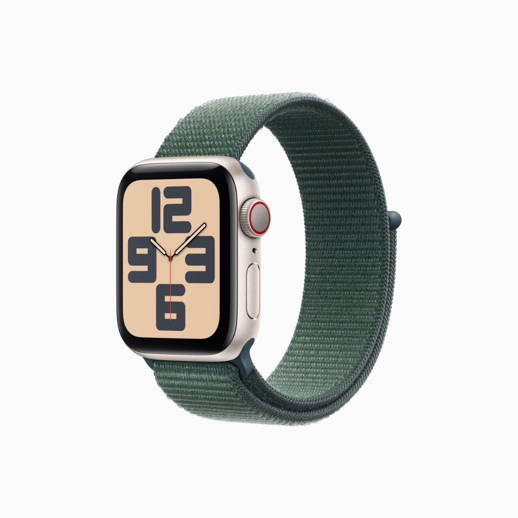 Apple Watch SE with Boucle Sport Textile band showcasing GPS + Cellular features, ideal for fitness and health tracking.