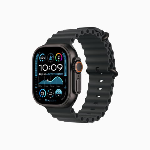 Apple Watch Ultra 2 with black satin Ocean band, showcasing advanced fitness metrics on display for running, cycling, and swimming.