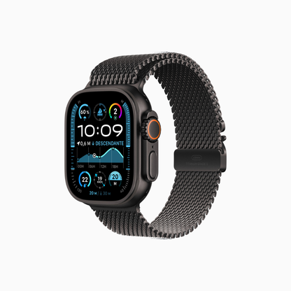 Apple Watch Ultra 2 with titanium Milanese loop, featuring a sleek design and advanced sports tracking, shown in satin black.