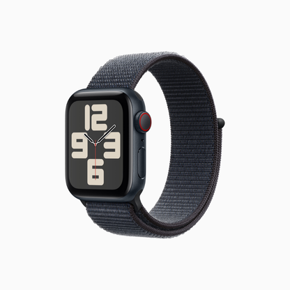 Apple Watch SE GPS + Cellular with Boucle Sport Textile band, featuring sleep tracking, heart rate monitoring, and cellular connectivity.