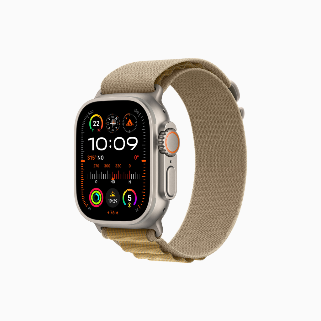 Apple Watch Ultra 2 with Boucle Alpine band displaying advanced sports and adventure features in satin black finish.